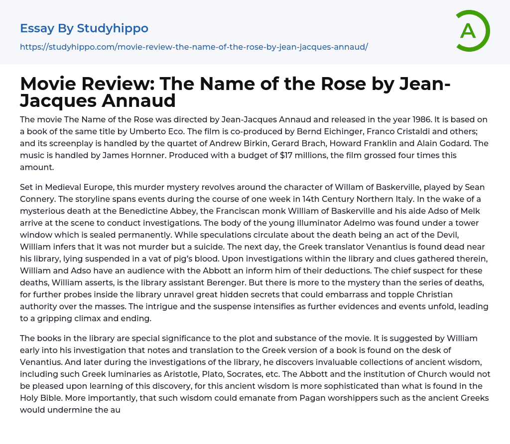 Movie Review: The Name of the Rose by Jean-Jacques Annaud Essay Example
