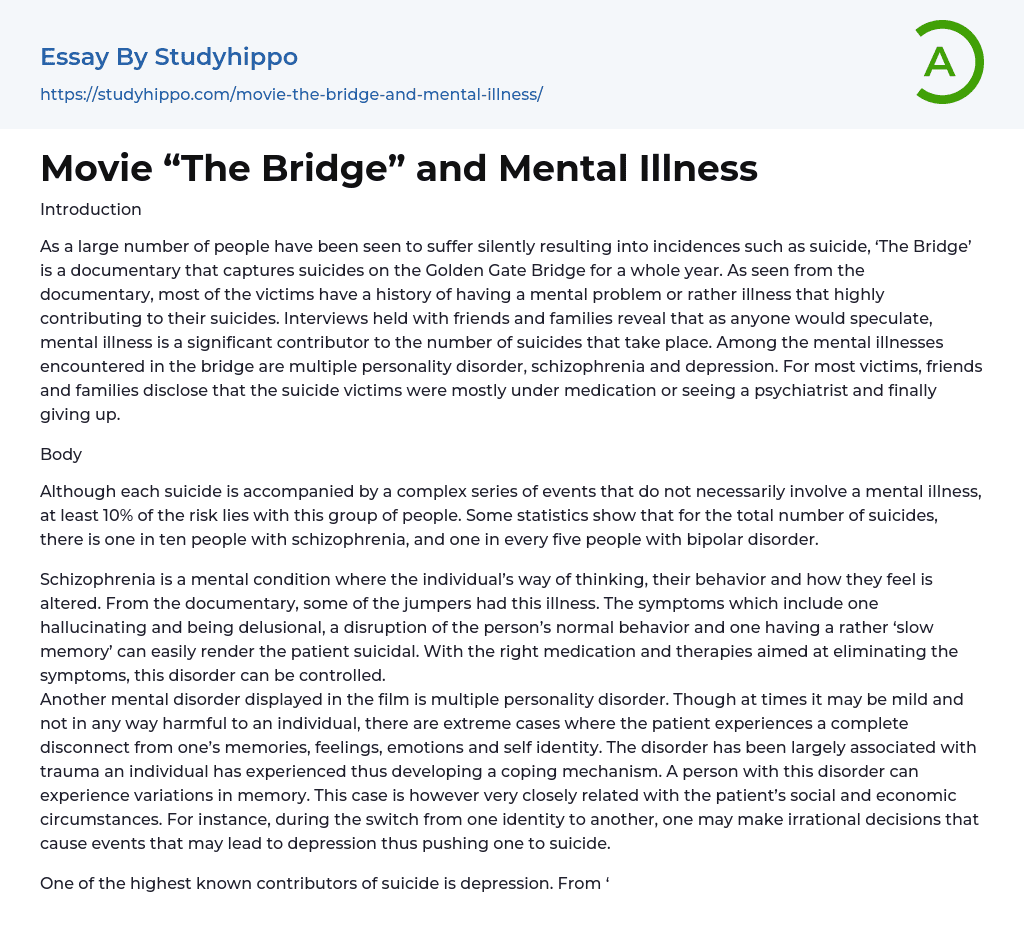 Movie “The Bridge” and Mental Illness Essay Example