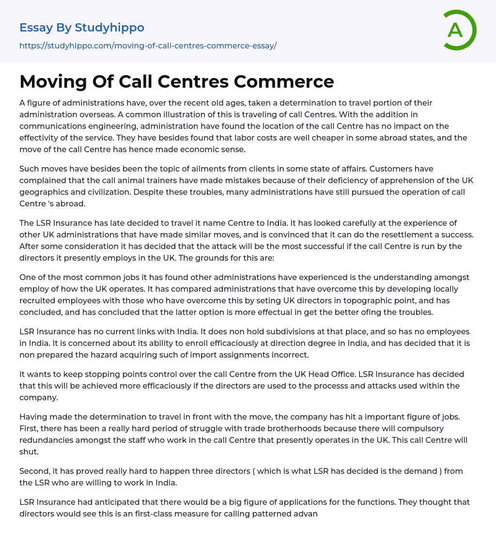 Moving Of Call Centres Commerce Essay Example