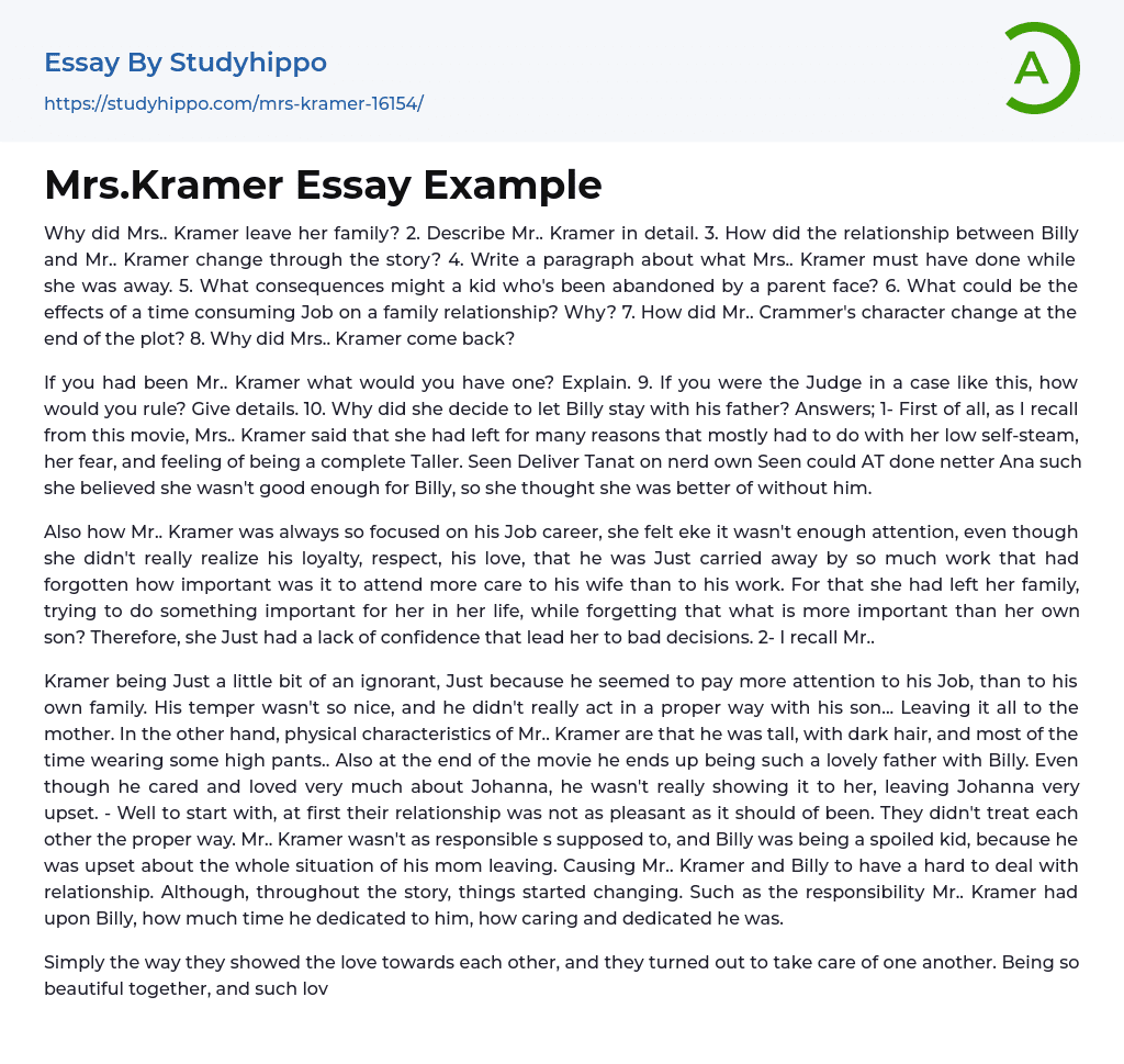 Mrs.Kramer Essay Example