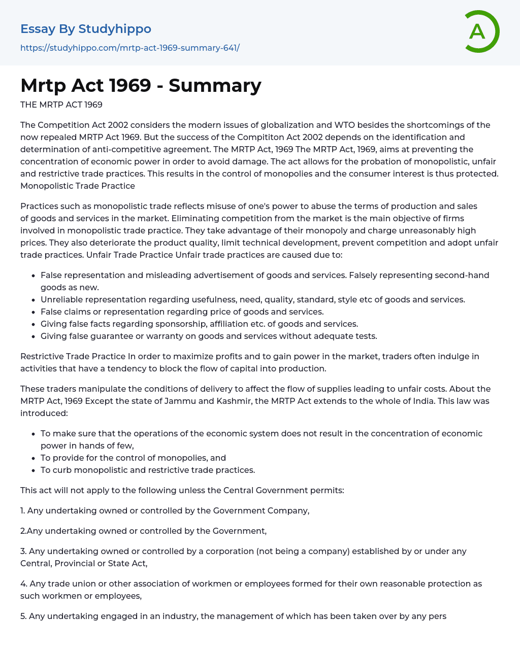 Mrtp Act 1969 – Summary Essay Example