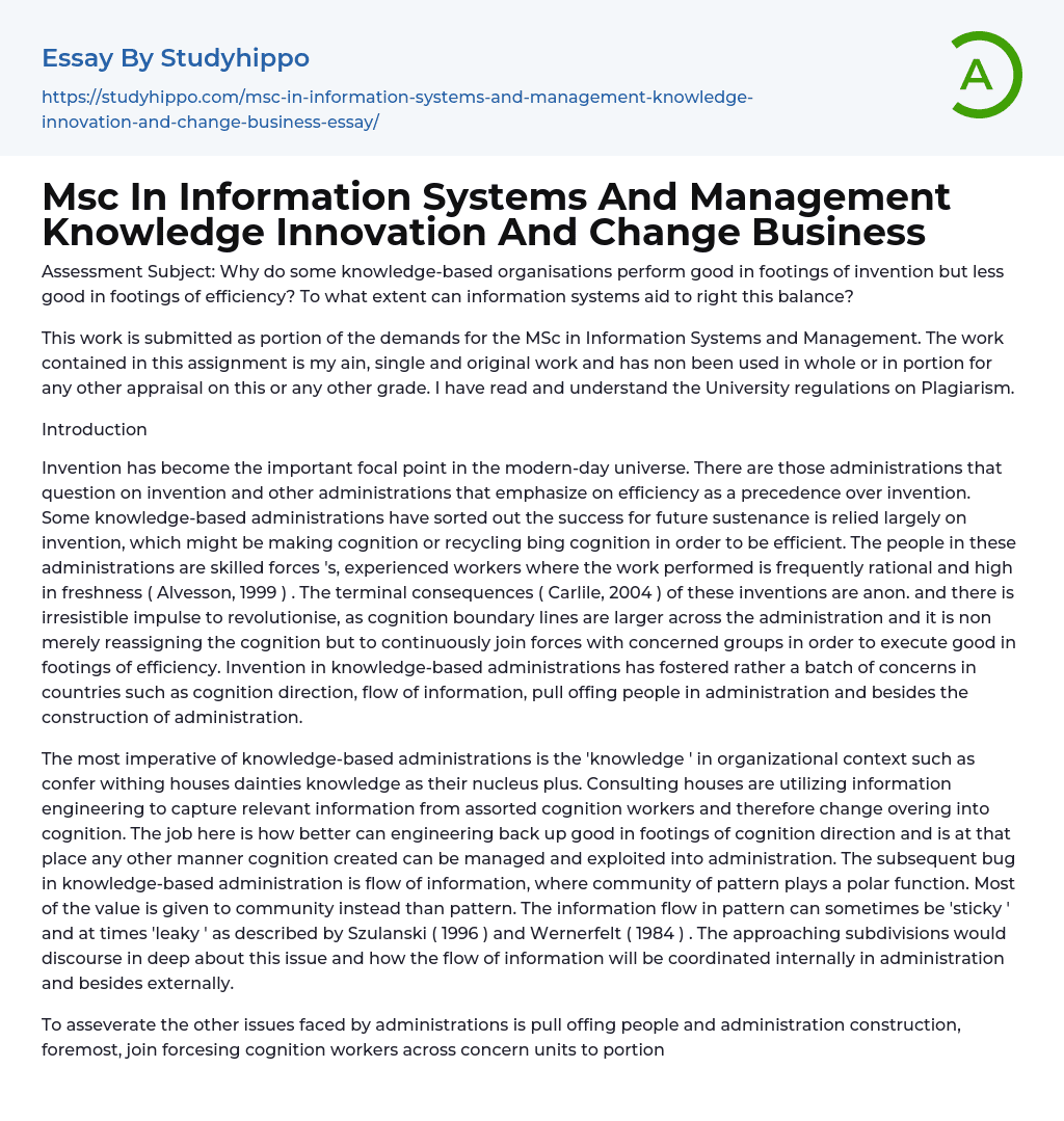 Msc In Information Systems And Management Knowledge Innovation And Change Business Essay Example