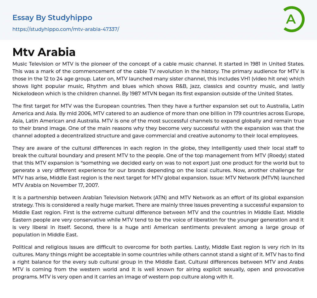 Mtv Arabia Essay Example