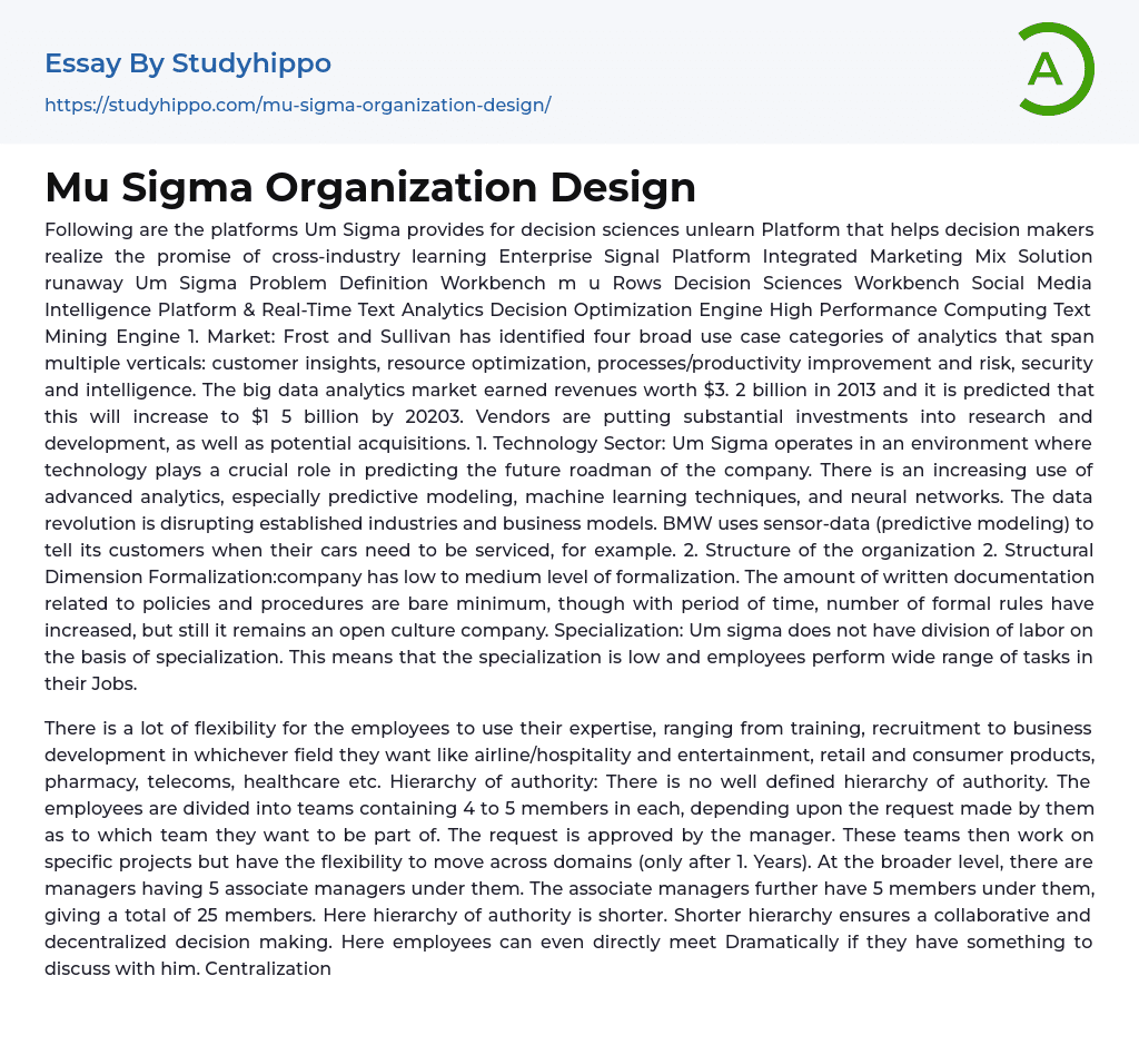 Mu Sigma Organization Design Essay Example