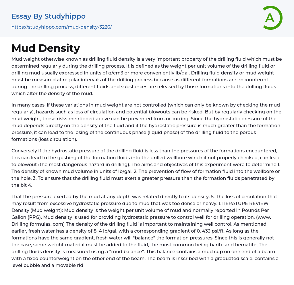 Mud Density Essay Example