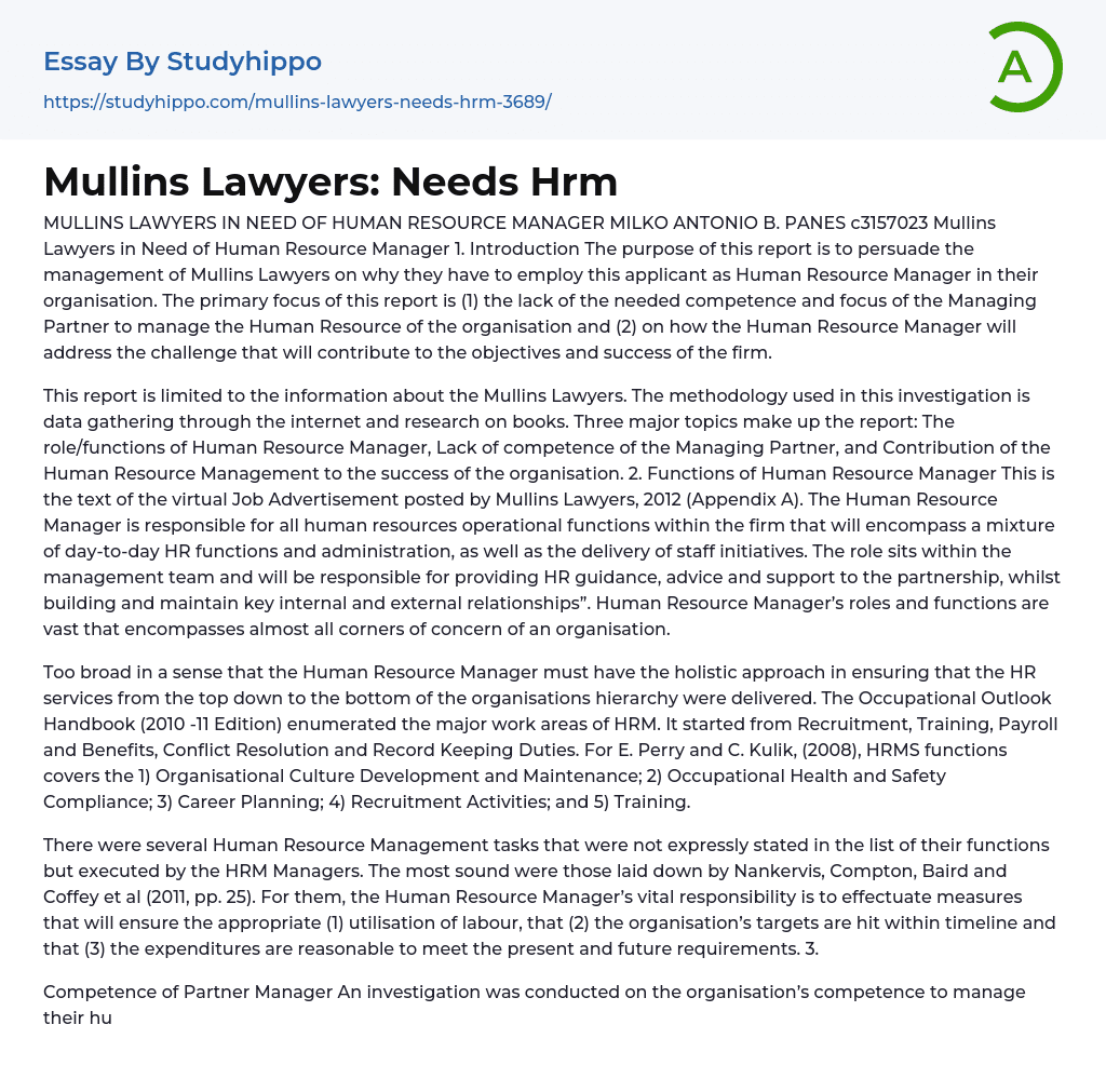 Mullins Lawyers: Needs Hrm Essay Example