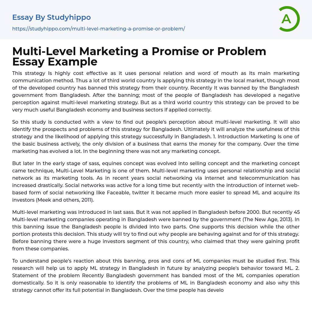 Multi-Level Marketing a Promise or Problem Essay Example