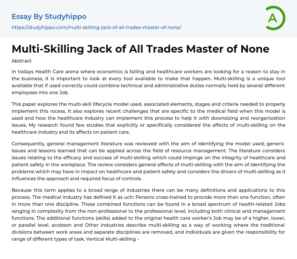 Multi-Skilling Jack of All Trades Master of None Essay Example