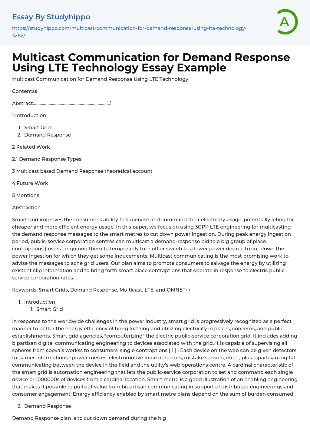 Multicast Communication for Demand Response Using LTE Technology Essay Example