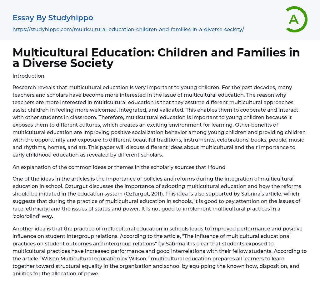 Multicultural Education: Children and Families in a Diverse Society Essay Example