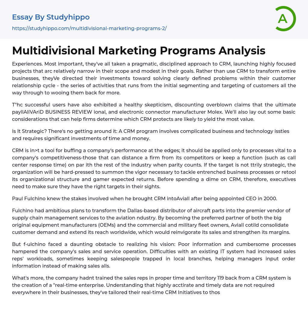 Multidivisional Marketing Programs Analysis Essay Example