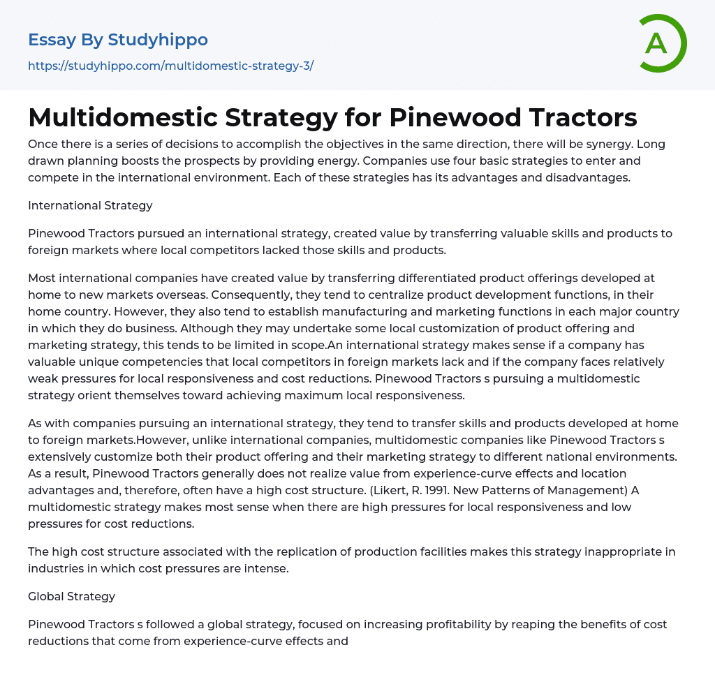 Multidomestic Strategy for Pinewood Tractors Essay Example