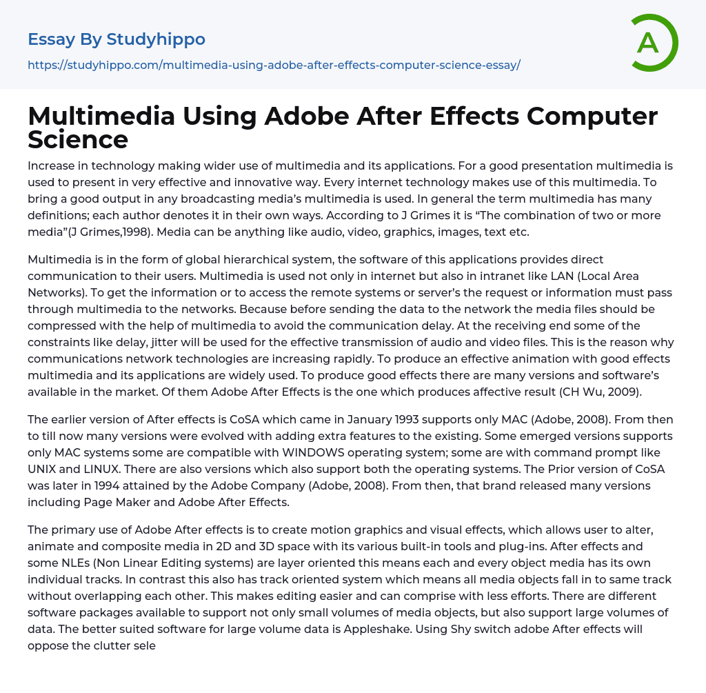 Multimedia Using Adobe After Effects Computer Science Essay Example