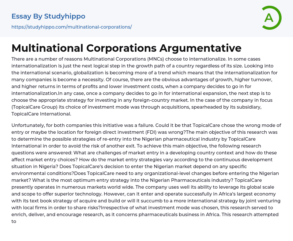 Multinational Corporations Argumentative Essay Example