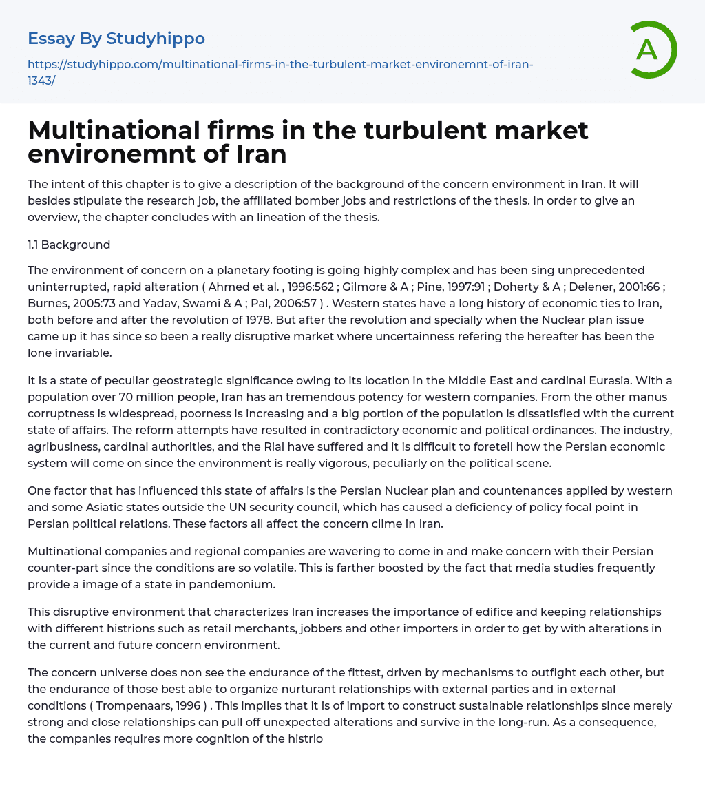 Multinational firms in the turbulent market environemnt of Iran Essay Example