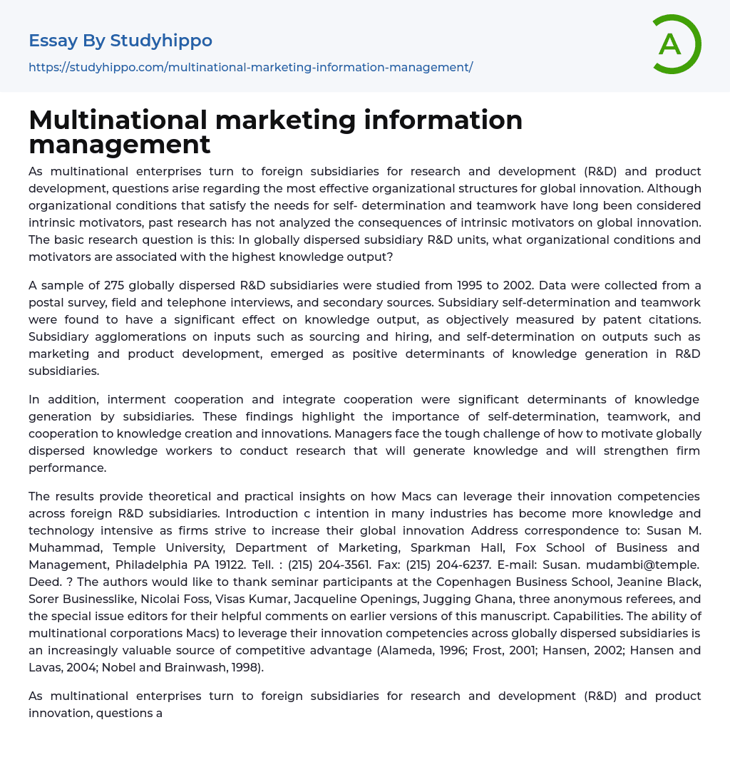 Multinational marketing information management Essay Example
