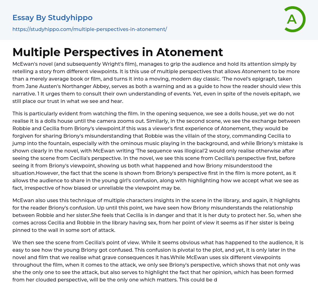 Multiple Perspectives in Atonement Essay Example