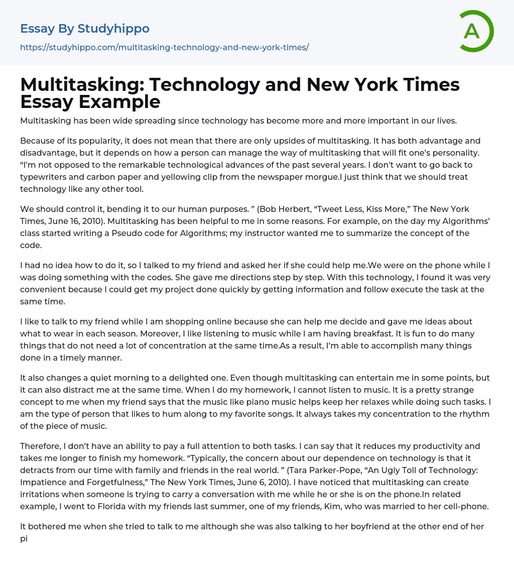 Multitasking: Technology and New York Times Essay Example