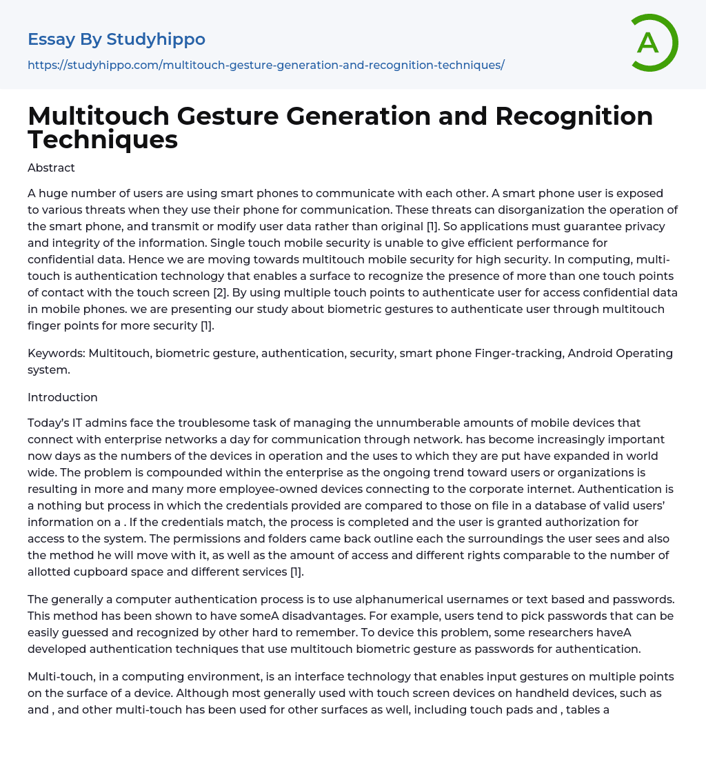 Multitouch Gesture Generation and Recognition Techniques Essay Example