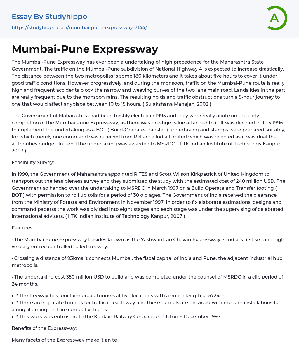 Mumbai-Pune Expressway Essay Example