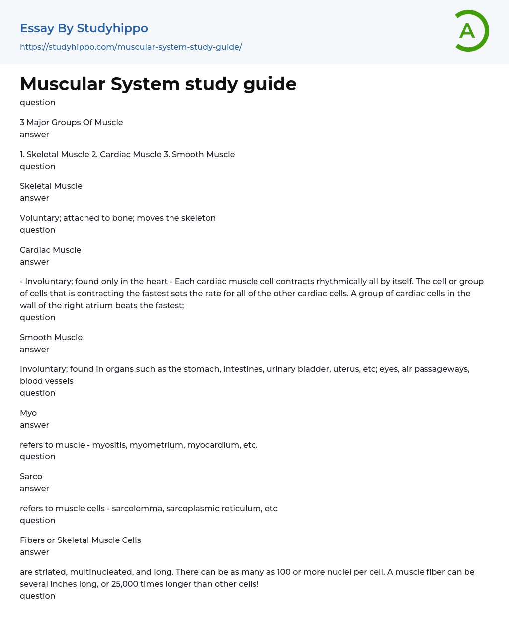 Muscular System study guide Essay Example