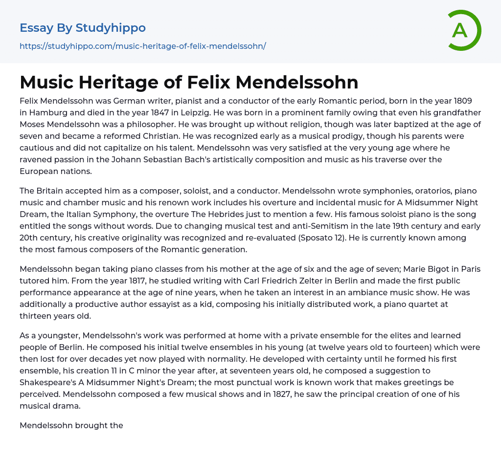 Music Heritage of Felix Mendelssohn Essay Example
