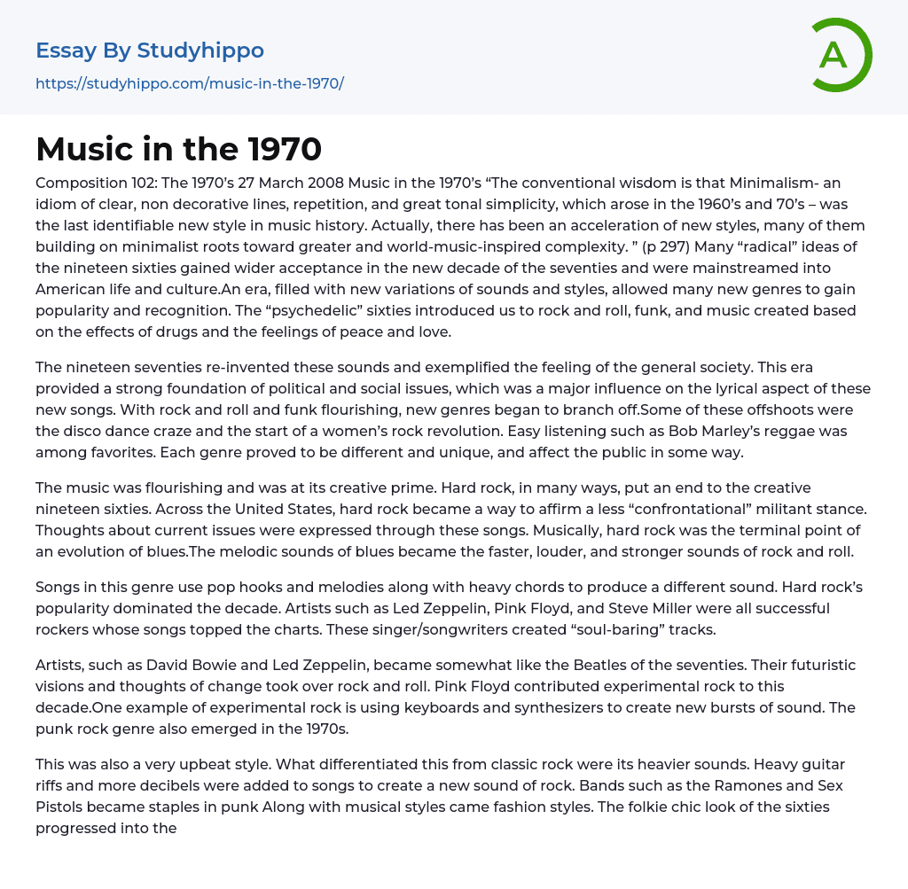 Music in the 1970 Essay Example