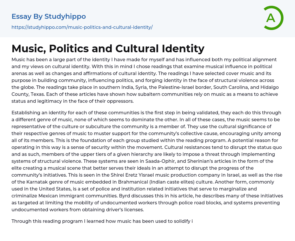 Music, Politics and Cultural Identity Essay Example