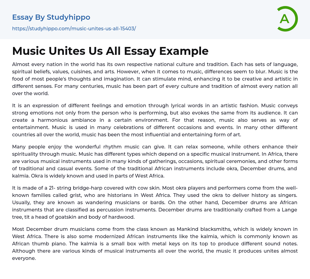 Music Unites Us All Essay Example