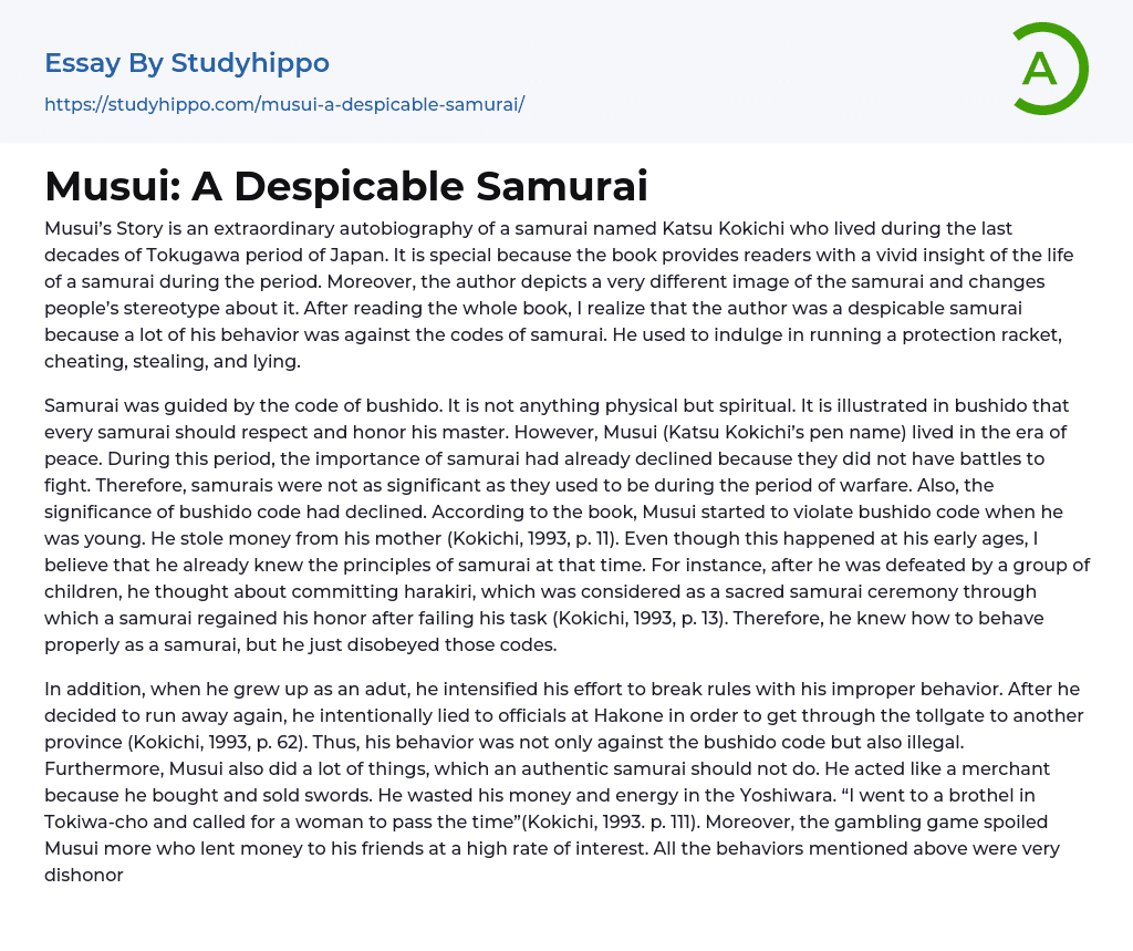 Musui: A Despicable Samurai Essay Example