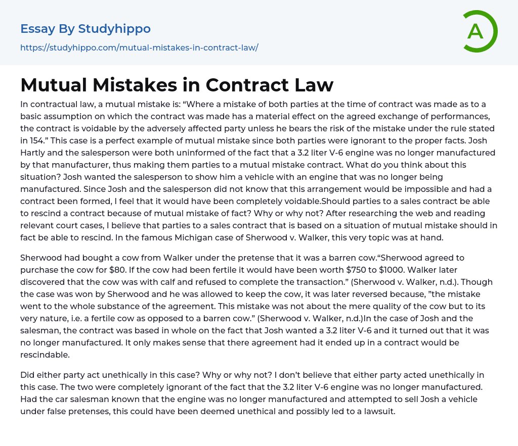 Mutual Mistakes in Contract Law Essay Example