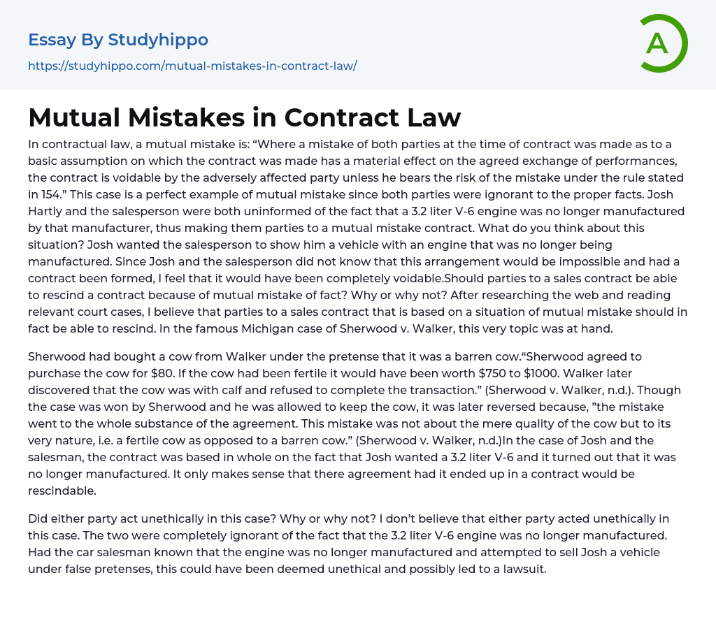 Mutual Mistakes In Contract Law Essay Example StudyHippo