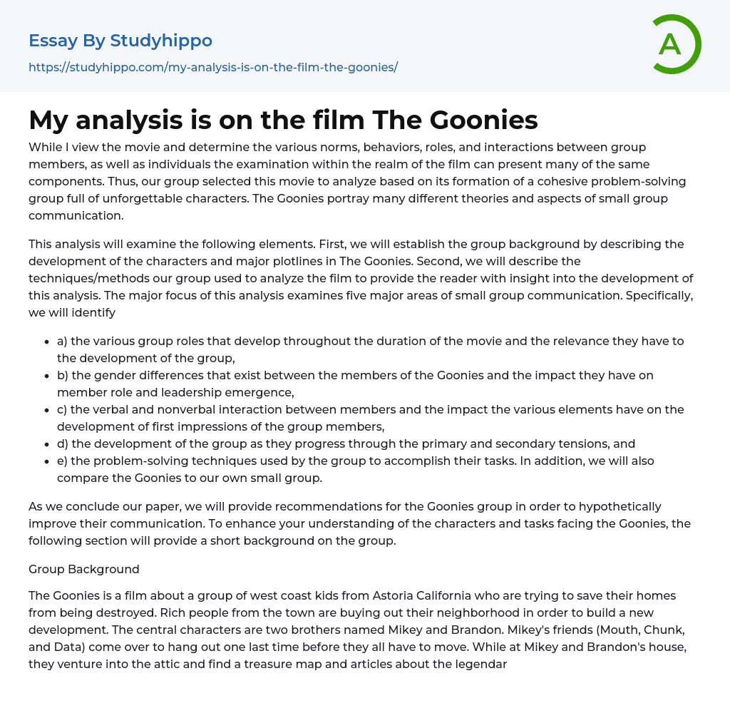My analysis is on the film The Goonies Essay Example
