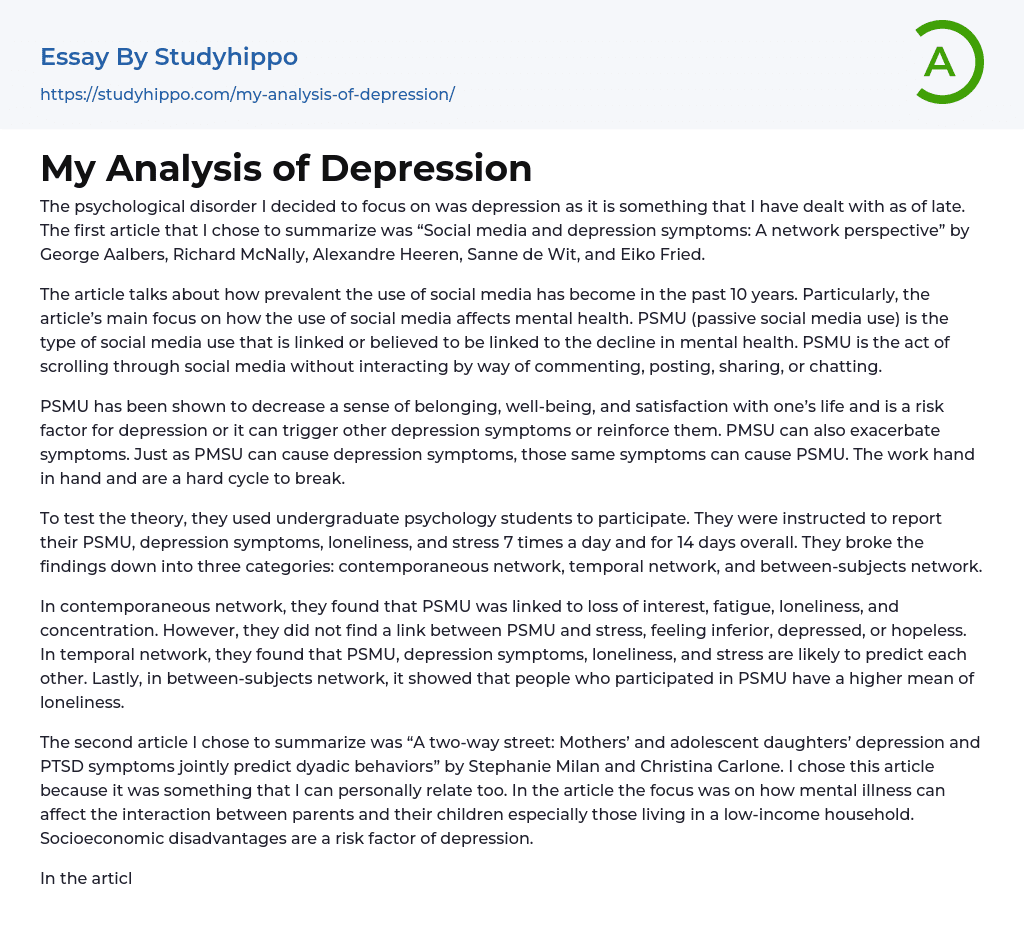 My Analysis of Depression Essay Example