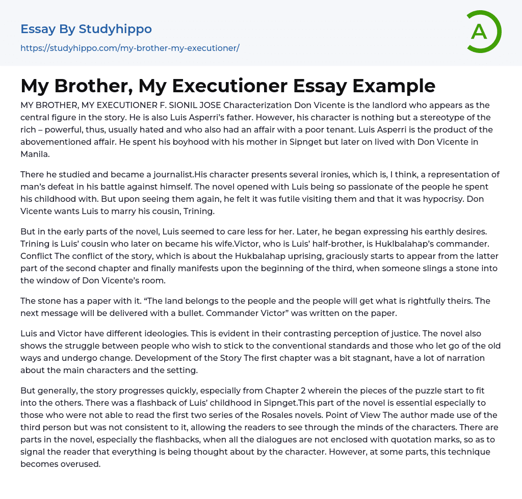 My Brother, My Executioner F. Sionil Jose Essay Example
