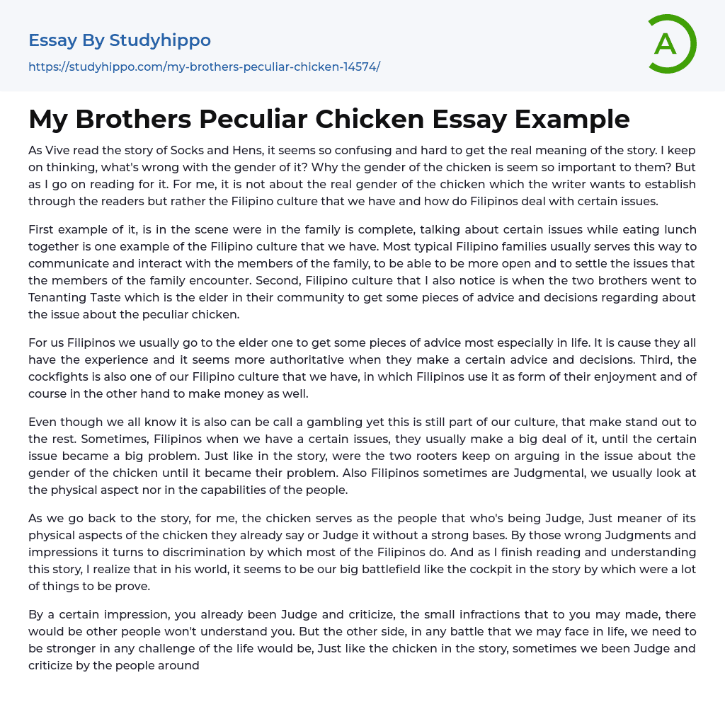 My Brothers Peculiar Chicken Essay Example