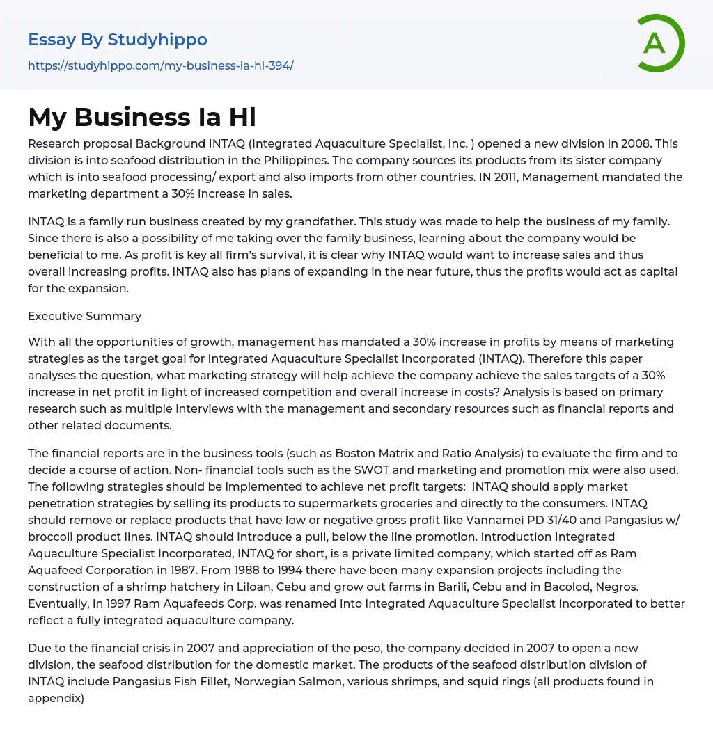 My Business Ia Hl Essay Example