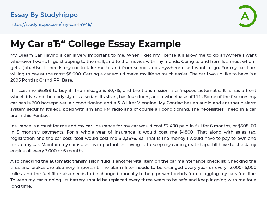 My Car College Essay Example