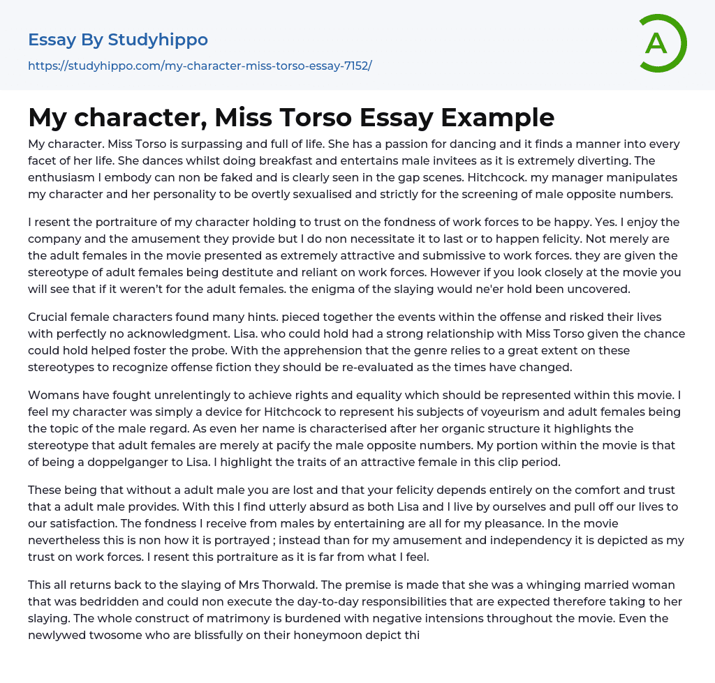 My character, Miss Torso Essay Example