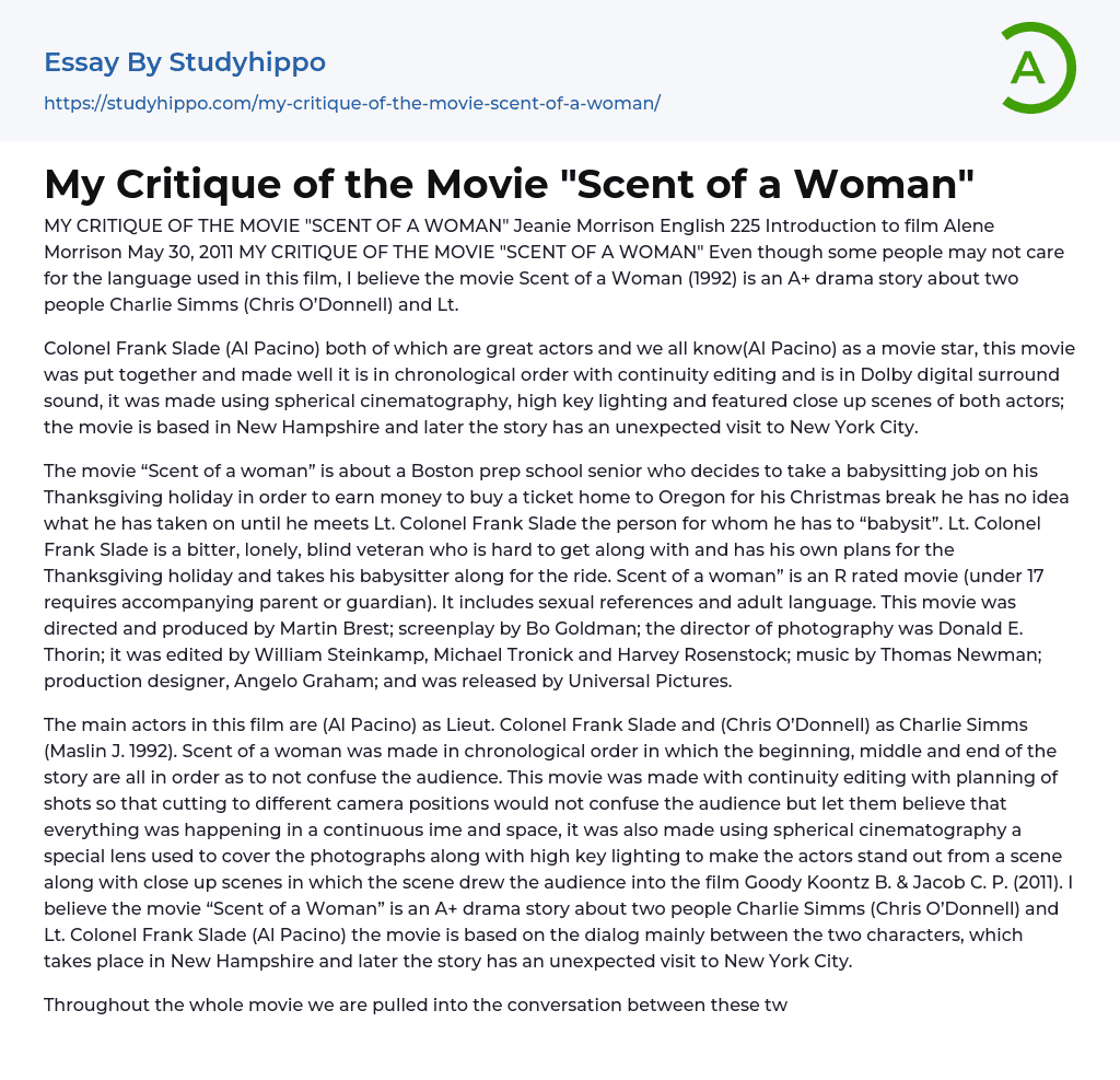My Critique of the Movie “Scent of a Woman” Essay Example