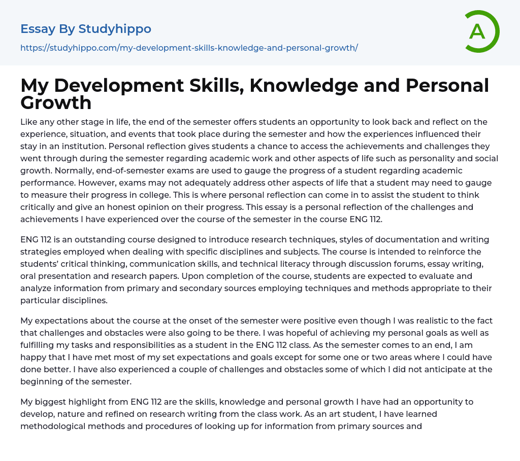 My Development Skills, Knowledge and Personal Growth Essay Example
