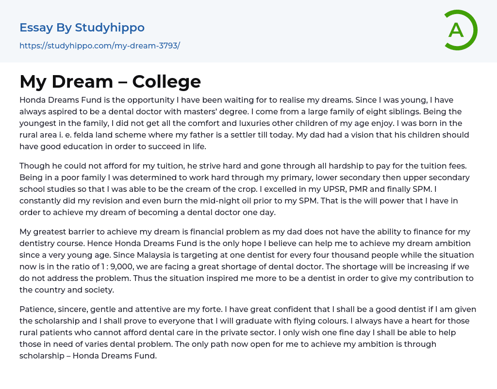 My Dream – College Essay Example