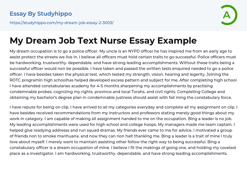 My Dream Job Text Nurse Essay Example