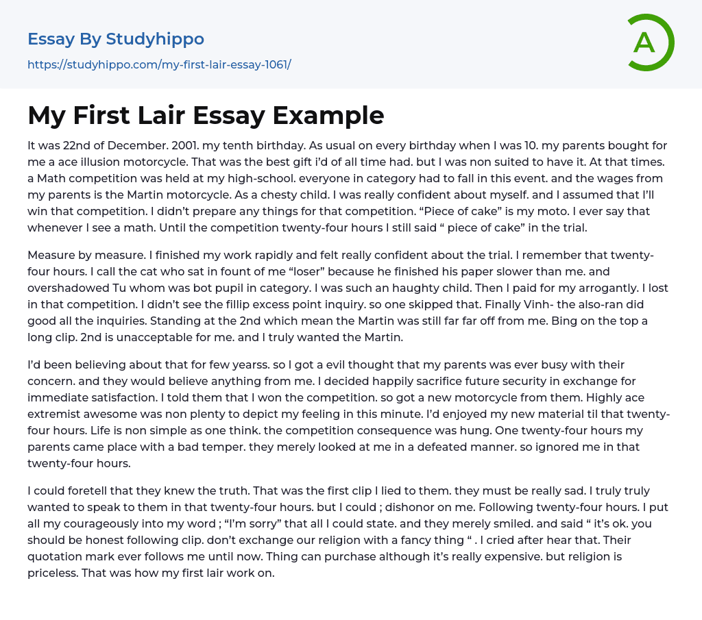 My First Lair Essay Example