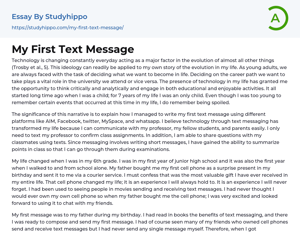 My First Text Message Essay Example