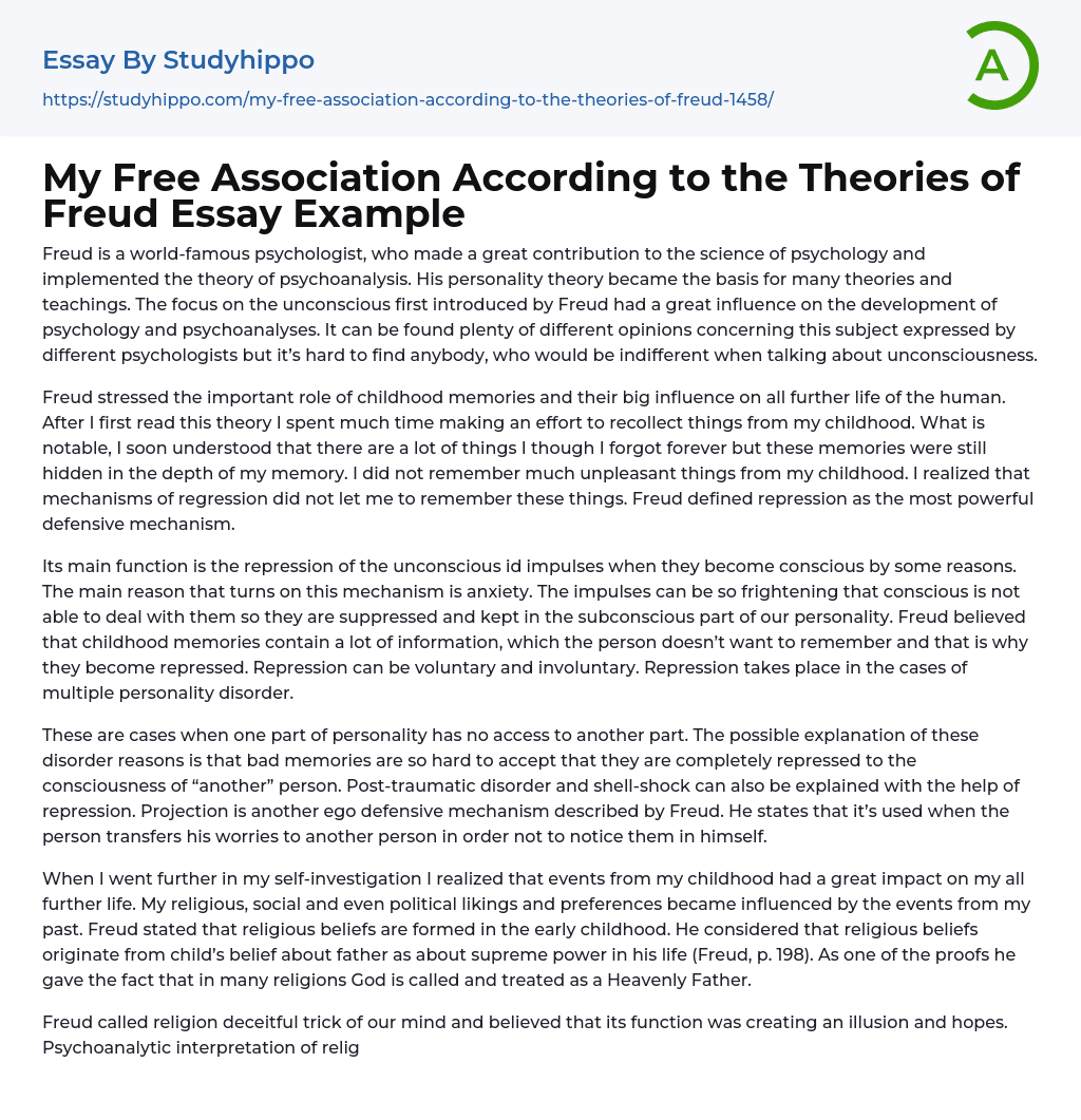 My Free Association According to the Theories of Freud Essay Example
