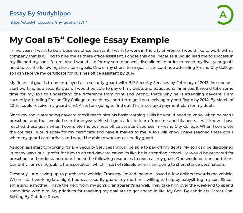 My Goal College Essay Example
