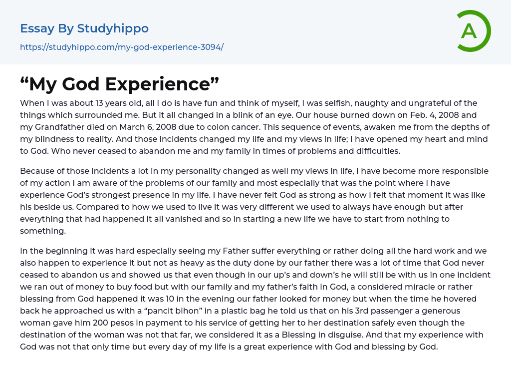 “My God Experience” Essay Example