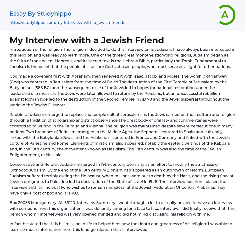 My Interview with a Jewish Friend Essay Example