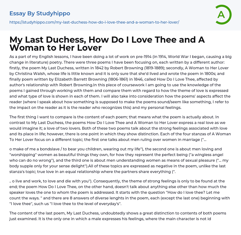 My Last Duchess, How Do I Love Thee and A Woman to Her Lover Essay Example
